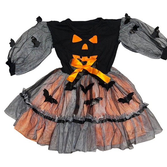 Other - Girls Boutique Pumpkin Bat Halloween Costume Dress Orange Black Tulle Tutu 3T 4T